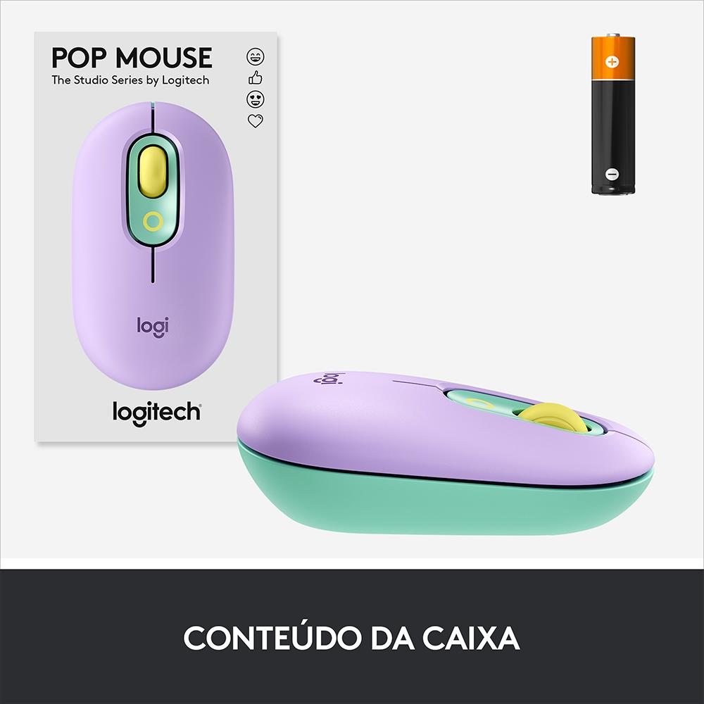 Mouse sem Fio Logitech Pop, 4000 DPI, Botão Emoji, Silenttouch, Compacto, USB, Bluetooth, Lilas