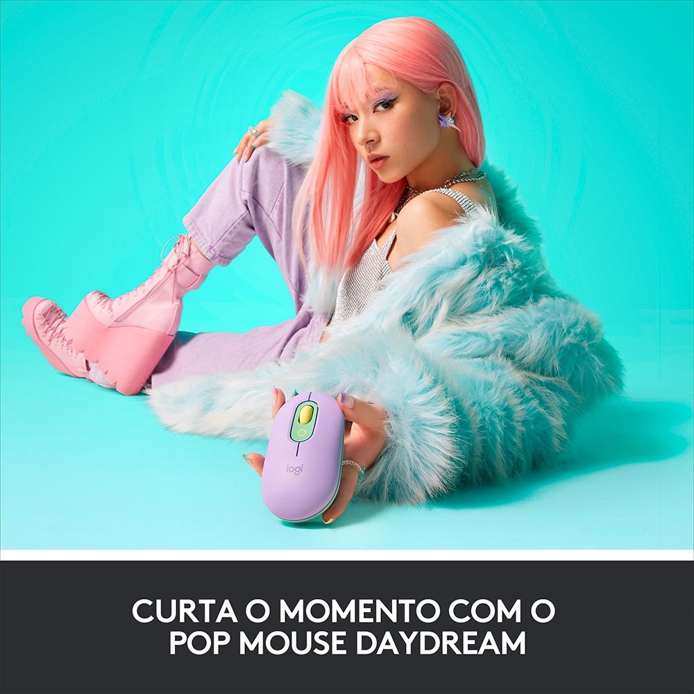 Mouse sem Fio Logitech Pop, 4000 DPI, Botão Emoji, Silenttouch, Compacto, USB, Bluetooth, Lilas