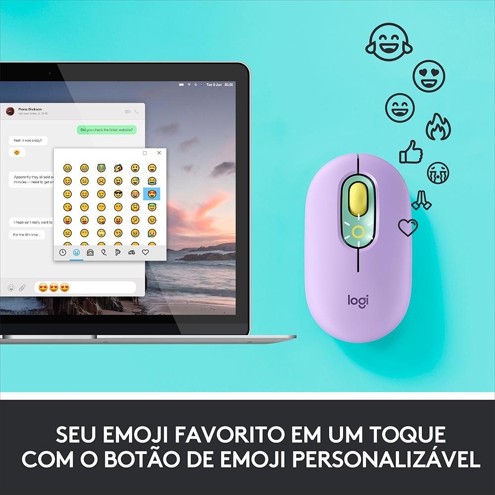 Mouse sem Fio Logitech Pop, 4000 DPI, Botão Emoji, Silenttouch, Compacto, USB, Bluetooth, Lilas