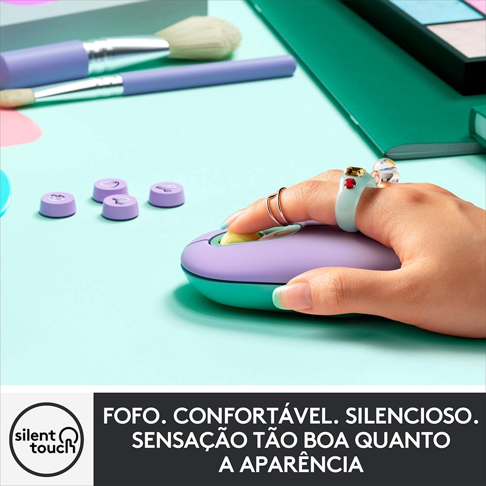 Mouse sem Fio Logitech Pop, 4000 DPI, Botão Emoji, Silenttouch, Compacto, USB, Bluetooth, Lilas