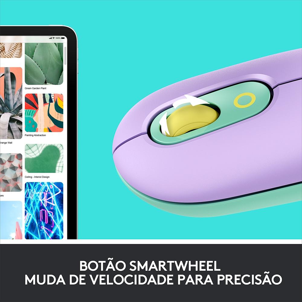 Mouse sem Fio Logitech Pop, 4000 DPI, Botão Emoji, Silenttouch, Compacto, USB, Bluetooth, Lilas