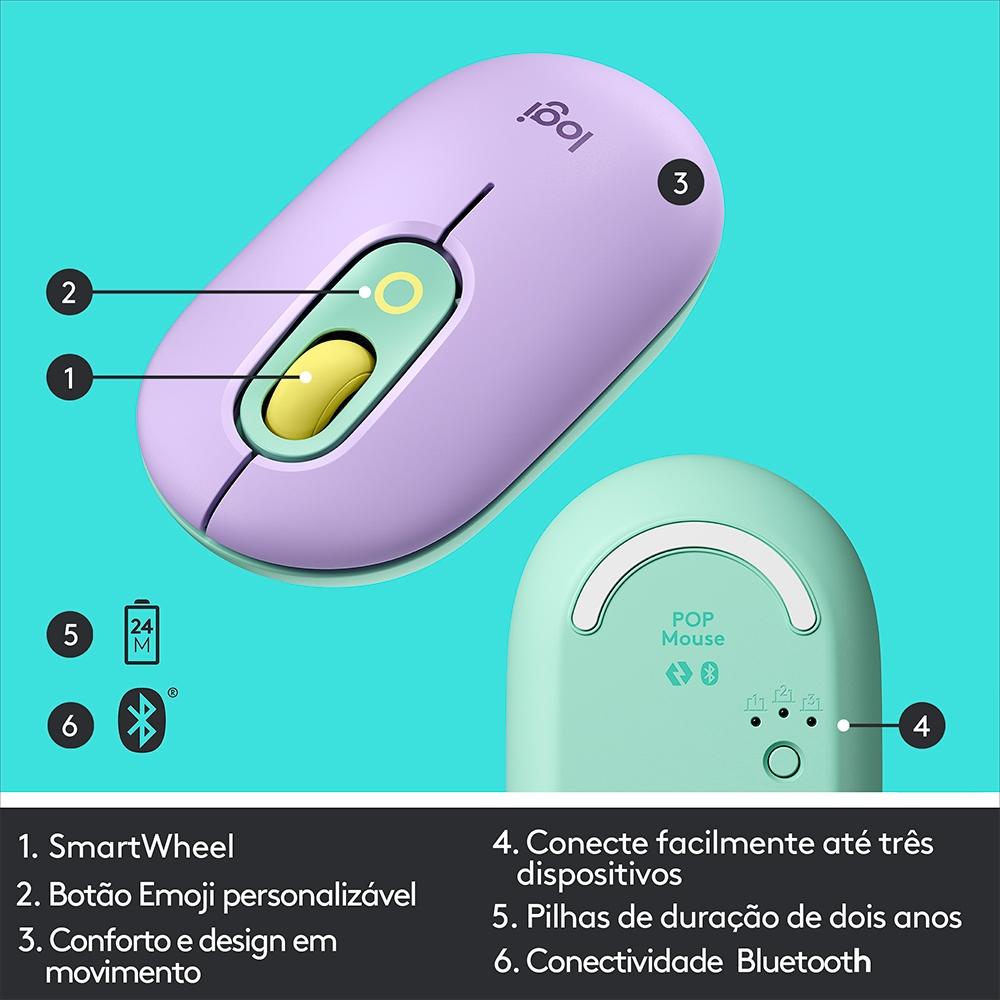 Mouse sem Fio Logitech Pop, 4000 DPI, Botão Emoji, Silenttouch, Compacto, USB, Bluetooth, Lilas