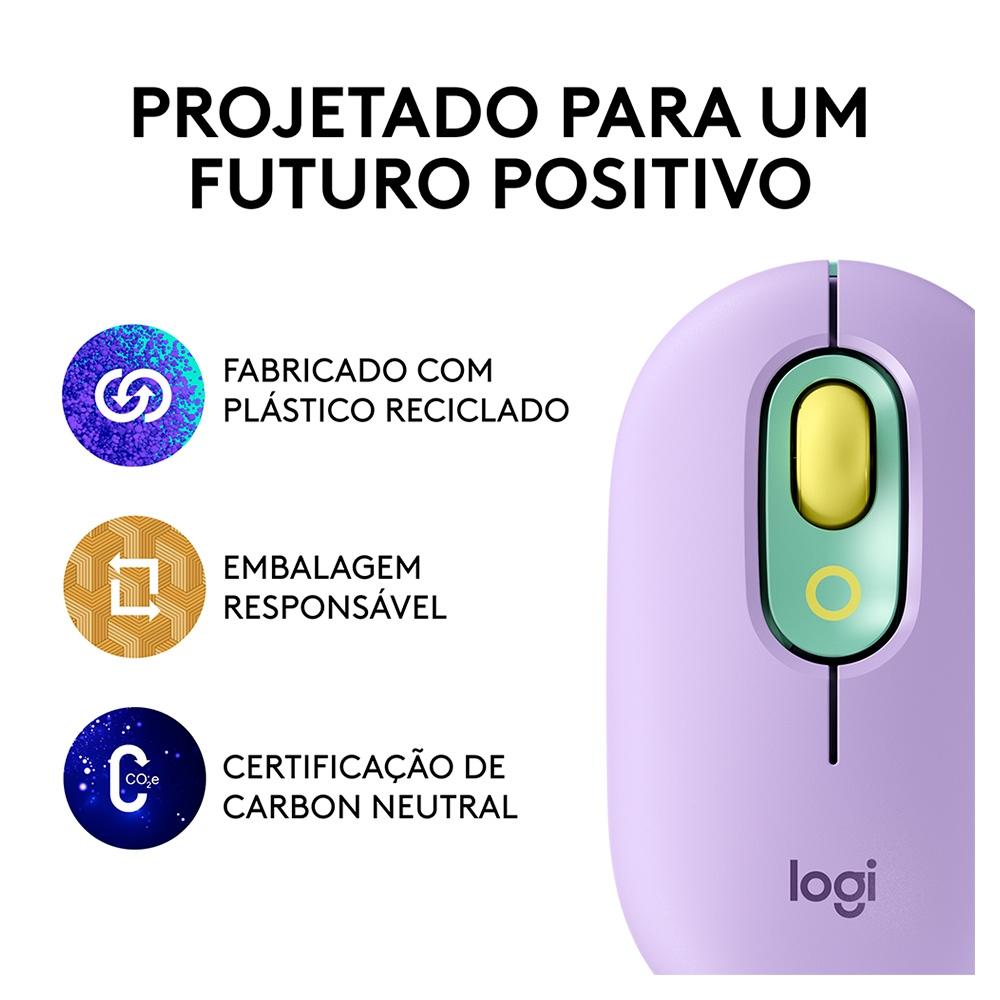 Mouse sem Fio Logitech Pop, 4000 DPI, Botão Emoji, Silenttouch, Compacto, USB, Bluetooth, Lilas