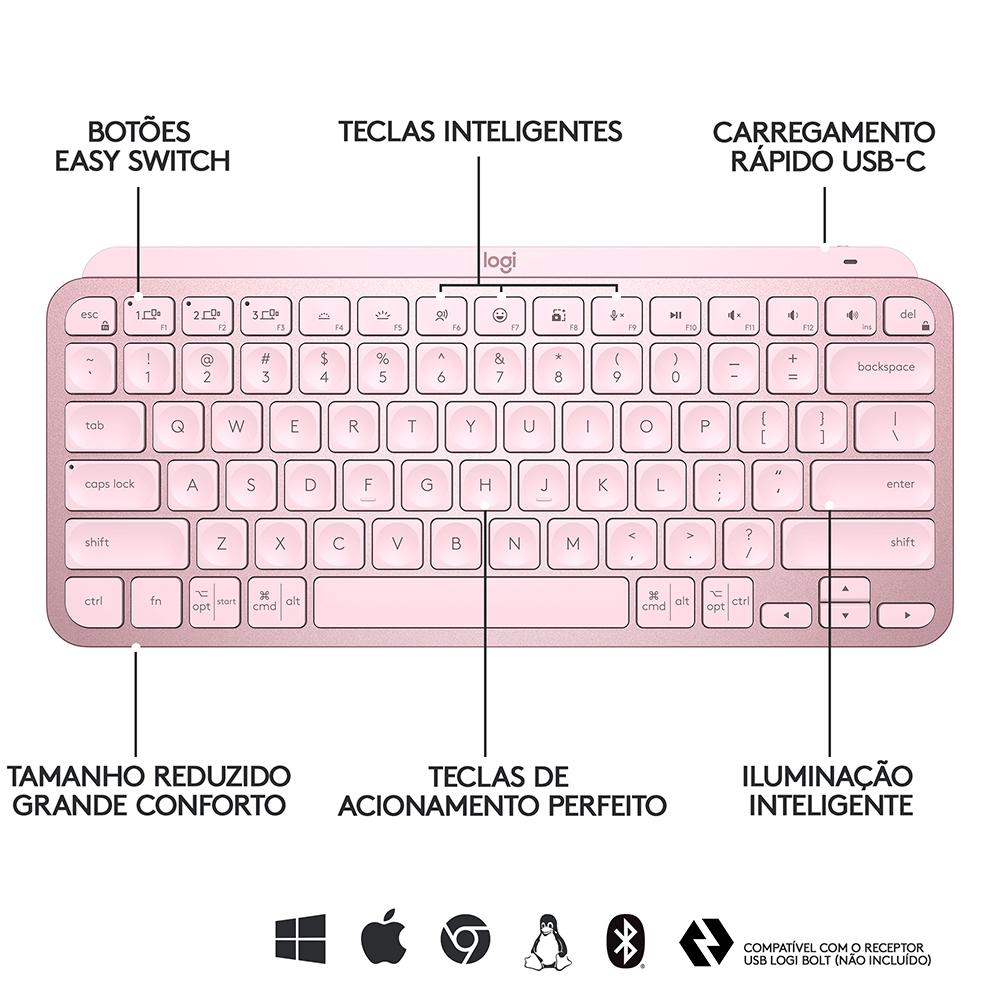 Teclado sem Fio Logitech Mx Keys Mini, Iluminação, Bluetooth, USB, Easy-Switch, Recarregável, Rosa