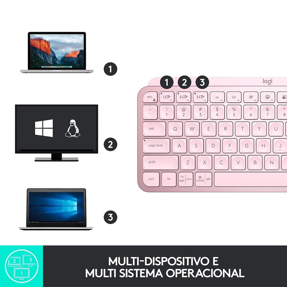 Teclado sem Fio Logitech Mx Keys Mini, Iluminação, Bluetooth, USB, Easy-Switch, Recarregável, Rosa