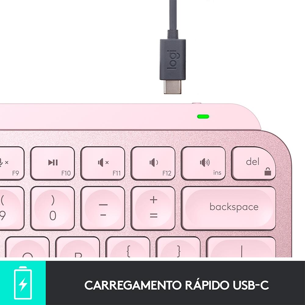 Teclado sem Fio Logitech Mx Keys Mini, Iluminação, Bluetooth, USB, Easy-Switch, Recarregável, Rosa