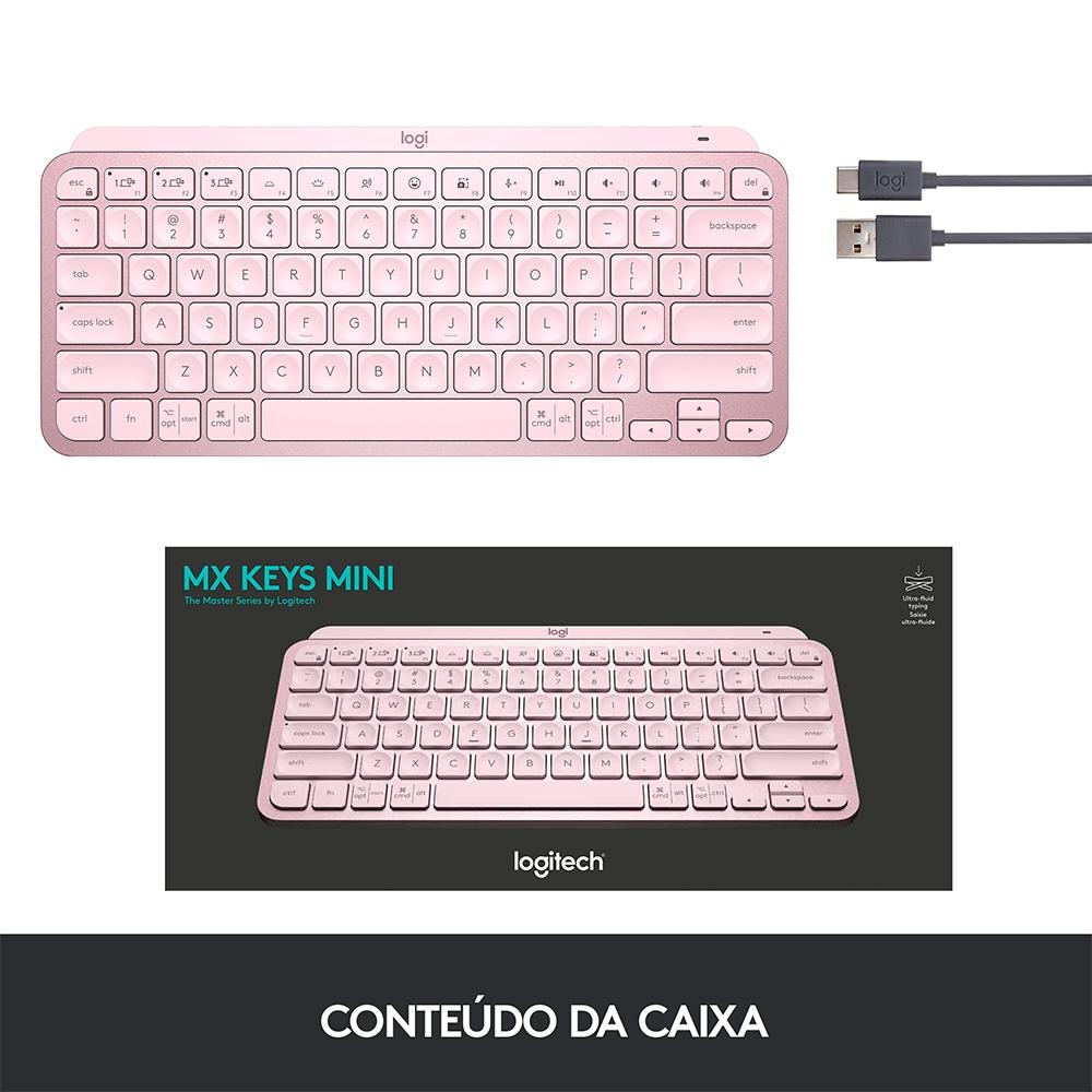 Teclado sem Fio Logitech Mx Keys Mini, Iluminação, Bluetooth, USB, Easy-Switch, Recarregável, Rosa