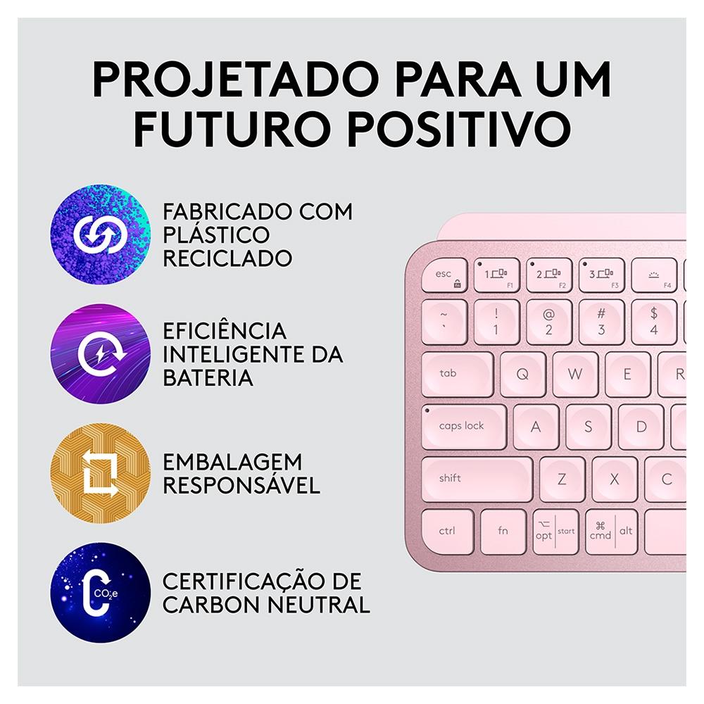 Teclado sem Fio Logitech Mx Keys Mini, Iluminação, Bluetooth, USB, Easy-Switch, Recarregável, Rosa