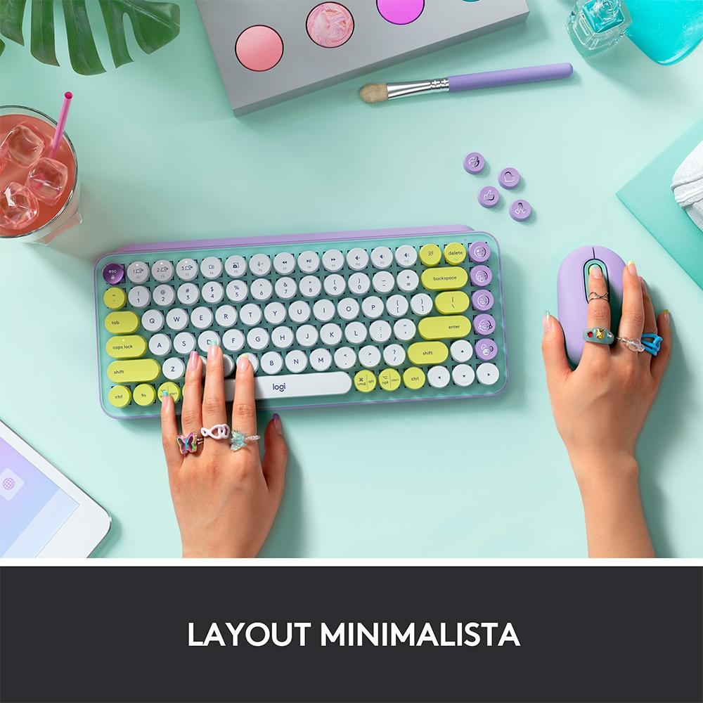 Teclado Mecânico sem Fio Logitech Pop Keys, Switch Brown, Bluetooth, Teclas Emoji, USB, Daydream
