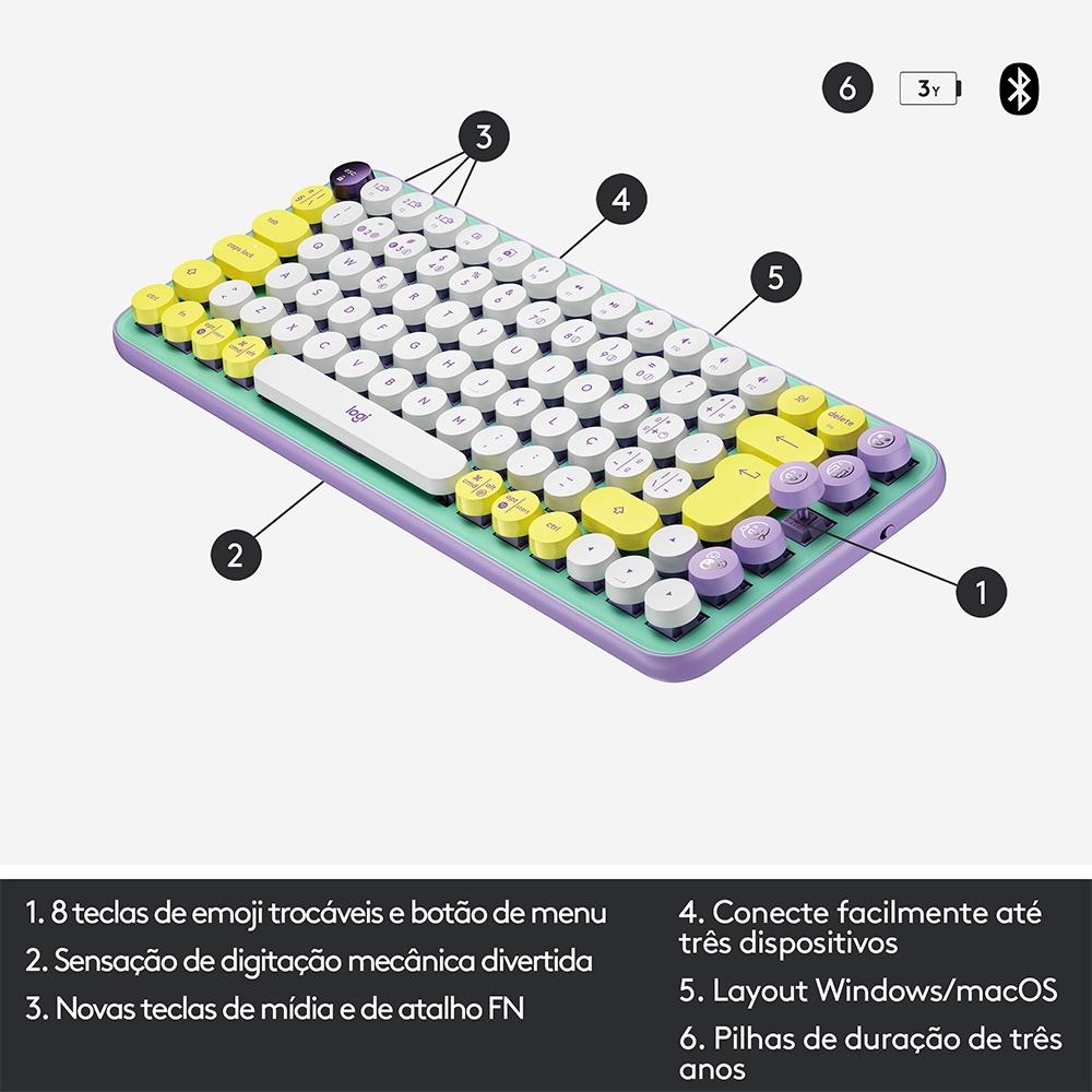 Teclado Mecânico sem Fio Logitech Pop Keys, Switch Brown, Bluetooth, Teclas Emoji, USB, Daydream