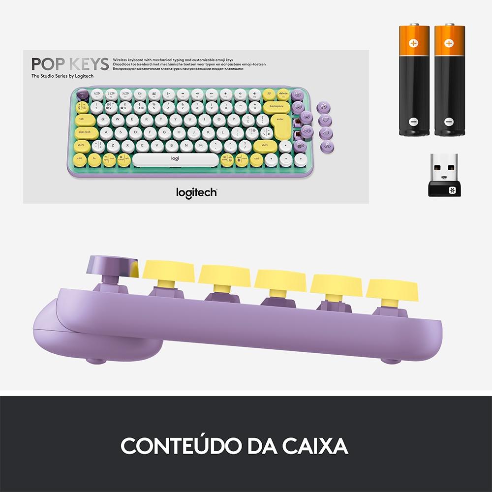Teclado Mecânico sem Fio Logitech Pop Keys, Switch Brown, Bluetooth, Teclas Emoji, USB, Daydream