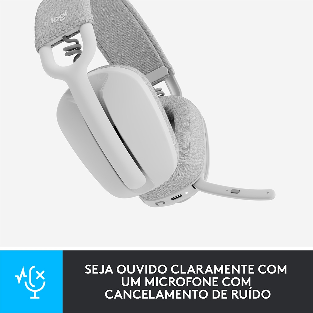 Headset Logitech sem Fio Zone VIBE100,MICROFONE Fliptomute, Cancelamento de Ruído, Bluettoth- Branc