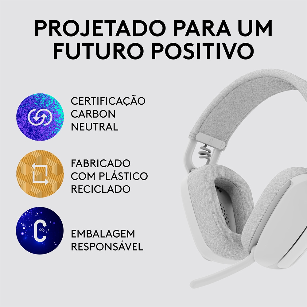 Headset Logitech sem Fio Zone VIBE100,MICROFONE Fliptomute, Cancelamento de Ruído, Bluettoth- Branc