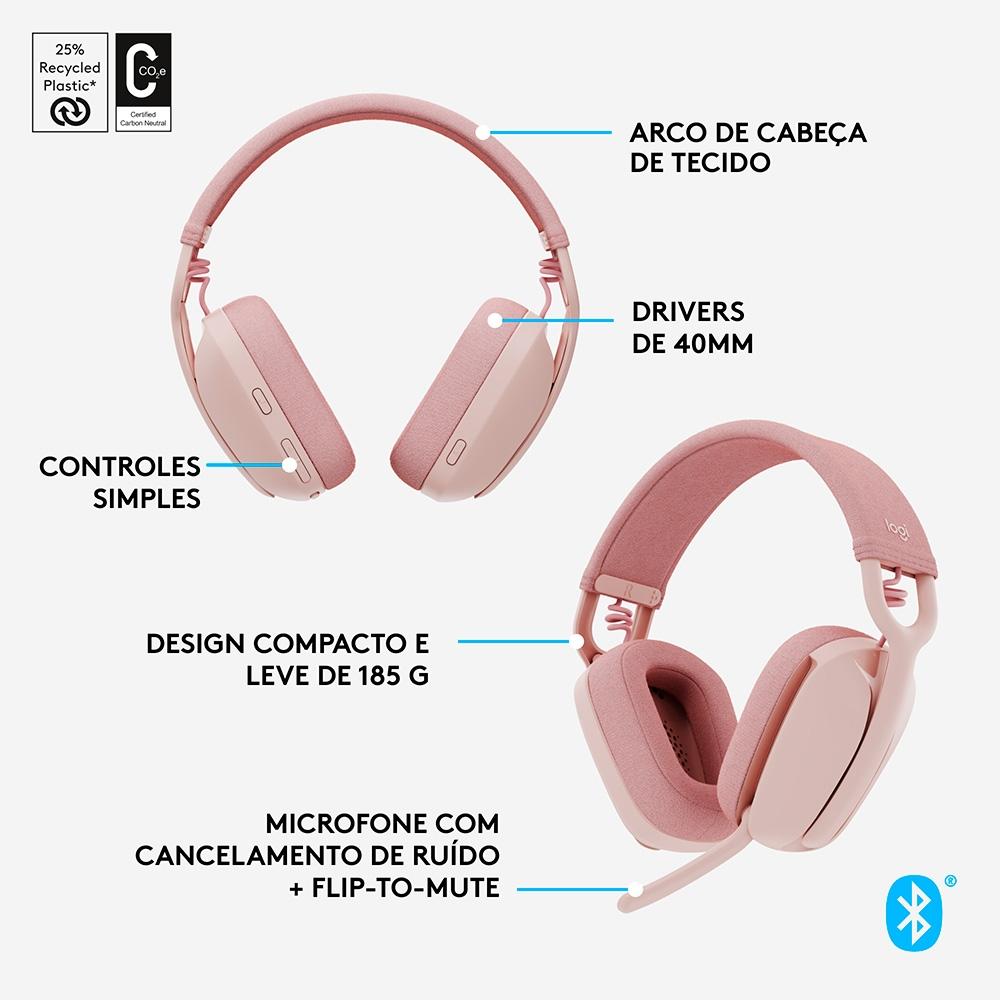 Headset sem Fio Logitech Zone Vibe 100, Drivers 40 mm, USB, Bluetooth, PC, Mobile- Rosa