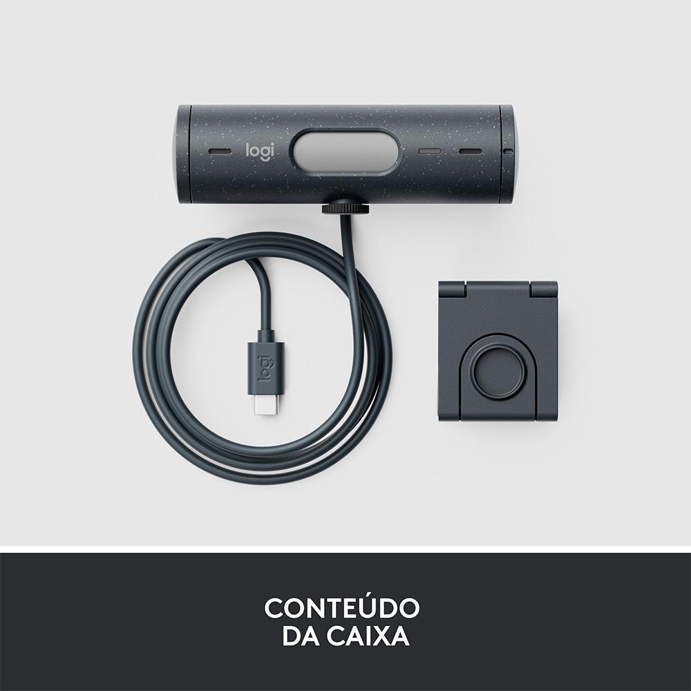 Webcam Full HD Logitech Brio 500, 1080P, 30 Fps, Microfones Duplos, USB-C, Suporte Incluso, Grafite