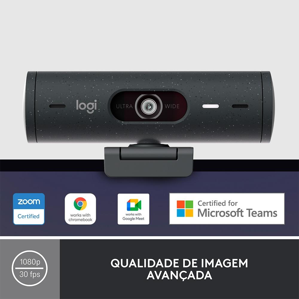 Webcam Full HD Logitech Brio 500, 1080P, 30 Fps, Microfones Duplos, USB-C, Suporte Incluso, Grafite