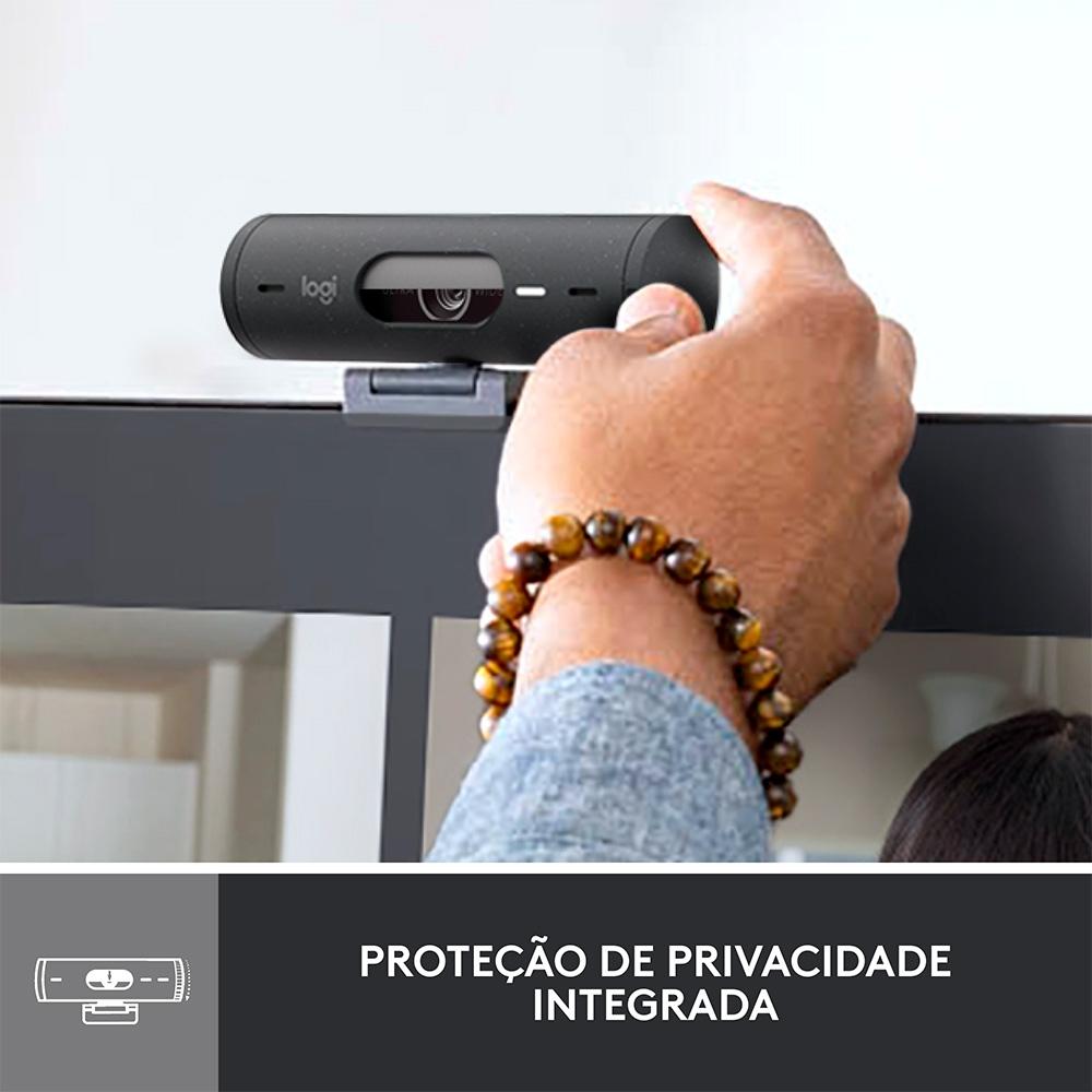 Webcam Full HD Logitech Brio 500, 1080P, 30 Fps, Microfones Duplos, USB-C, Suporte Incluso, Grafite