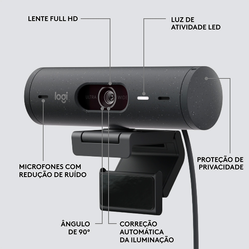 Webcam Full HD Logitech Brio 500, 1080P, 30 Fps, Microfones Duplos, USB-C, Suporte Incluso, Grafite