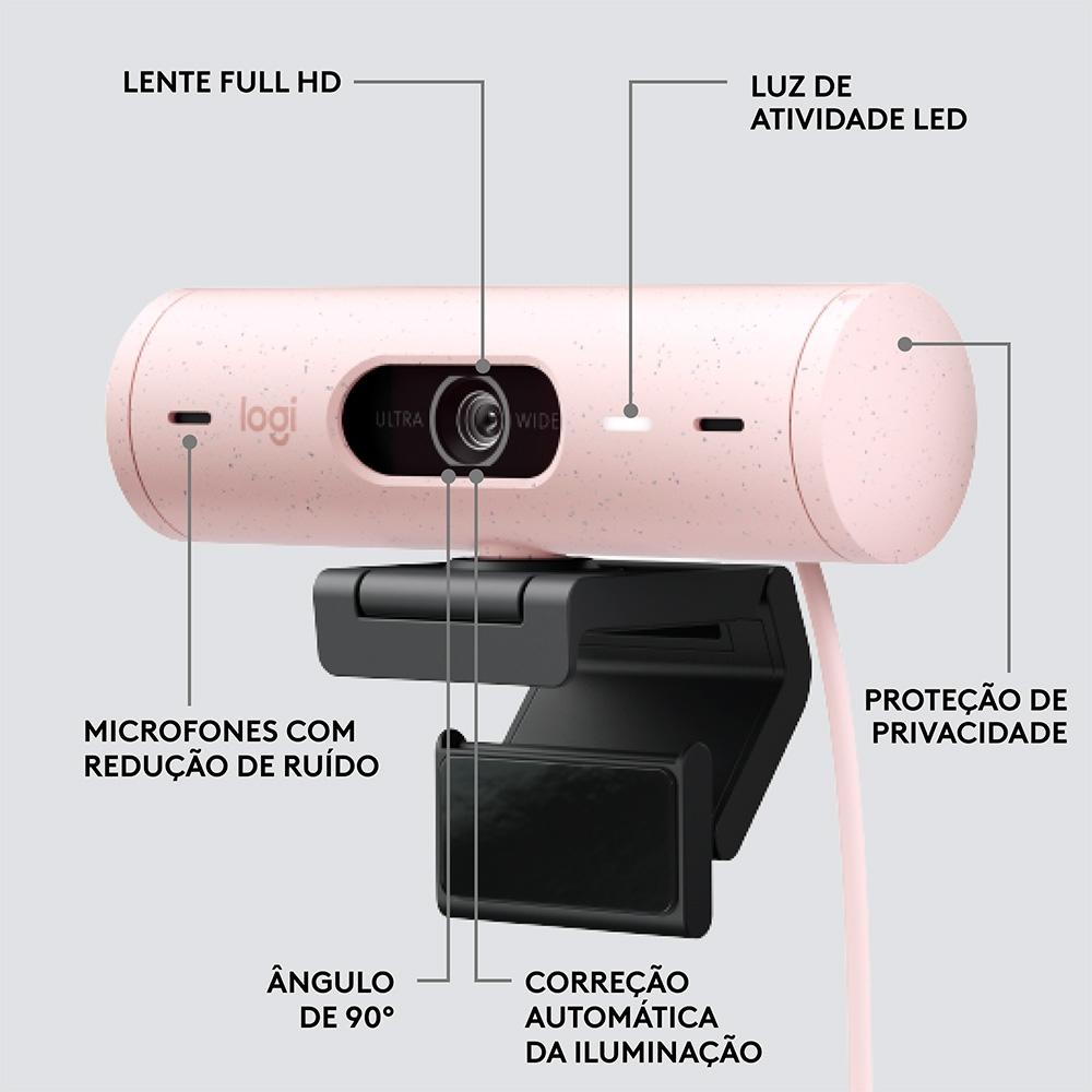 Webcam Full HD Logitech Brio 500, 1080P, 30 Fps, Microfones Duplos, USB-C, Suporte Incluso, Rosa