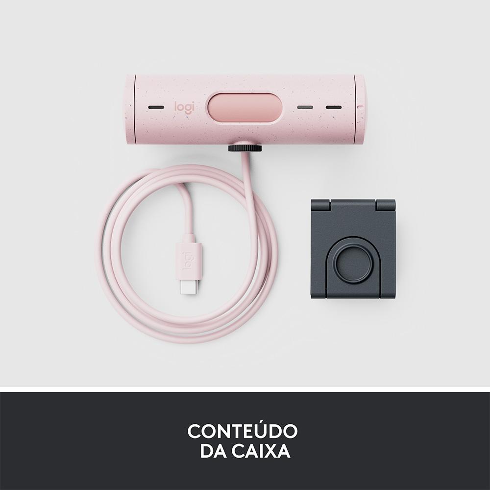 Webcam Full HD Logitech Brio 500, 1080P, 30 Fps, Microfones Duplos, USB-C, Suporte Incluso, Rosa