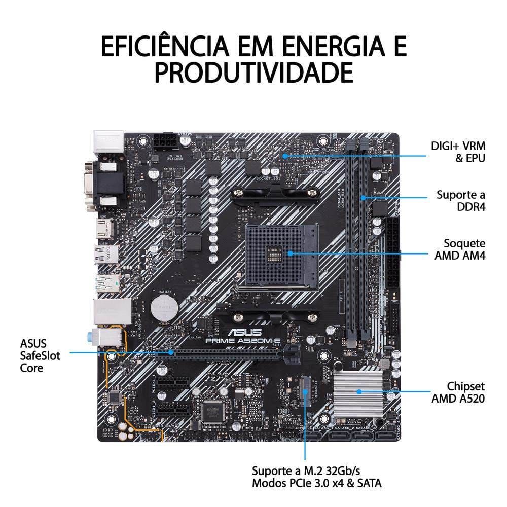 Placa Mãe ASUS A520M-E AM4 DDR4 HDMI, VGA, DVI, M.2 - 90MB1510-C1BAY0
