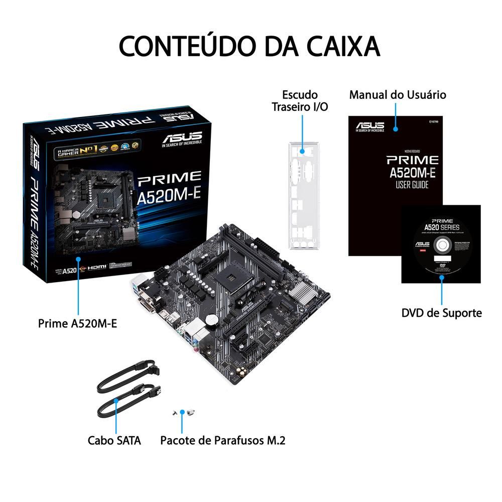 Placa Mãe ASUS A520M-E AM4 DDR4 HDMI, VGA, DVI, M.2 - 90MB1510-C1BAY0