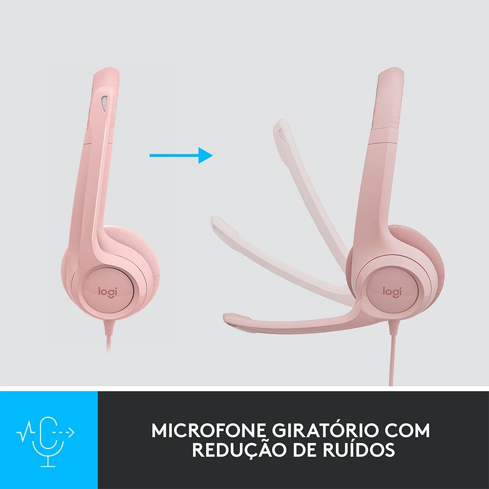 Headset com Fio USB Logitech H390 Controles de Áudio Integrado, Microfone com Redução de Ruído - Rosa
