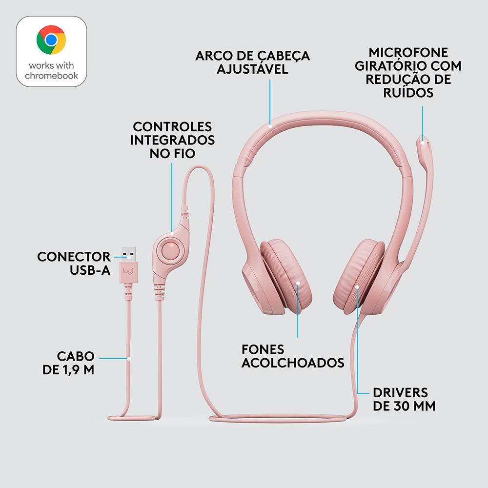 Headset com Fio USB Logitech H390 Controles de Áudio Integrado, Microfone com Redução de Ruído - Rosa