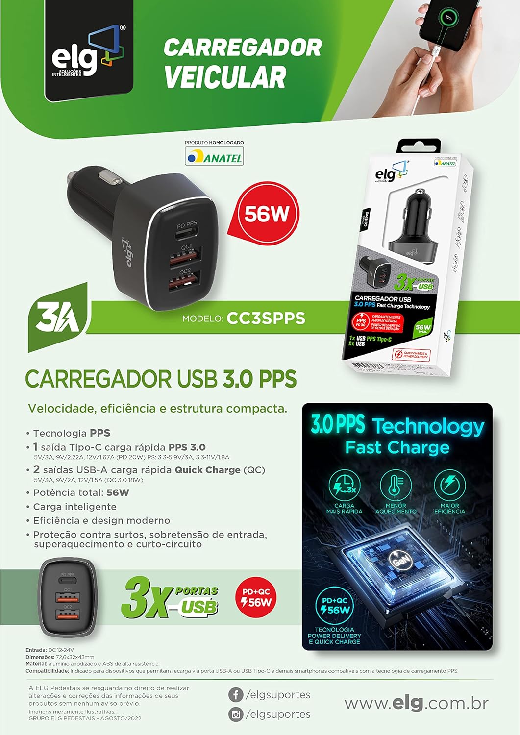 Carregador Veicular Universal 56W ELG 1x USB Tipo C pps e 2x USB Qc (Quick Charge) Grafite - CC3SPPS