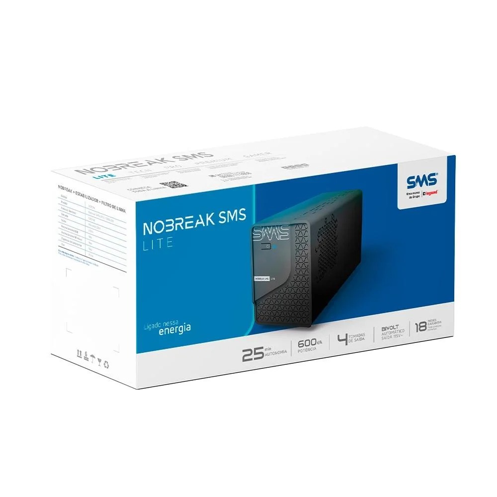 Nobreak 600VA SMS Lite Entrada Bivolt Saída 115V 4 Tomadas