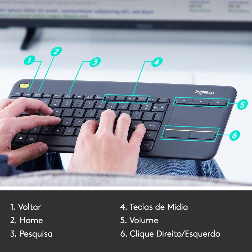 Teclado sem Fio Logitech K400 Plus TV com Touchpad Integrado, Conexão USB Unifying e Layout ABNT2