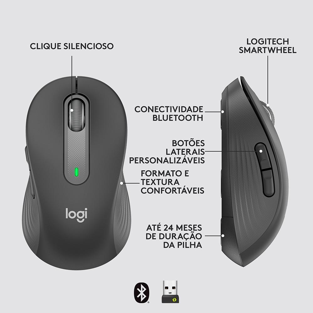 Mouse sem Fio Logitech Signature M650, 2000 DPI, 5 Botões, Silencioso, Bluetooth, USB, Grafite