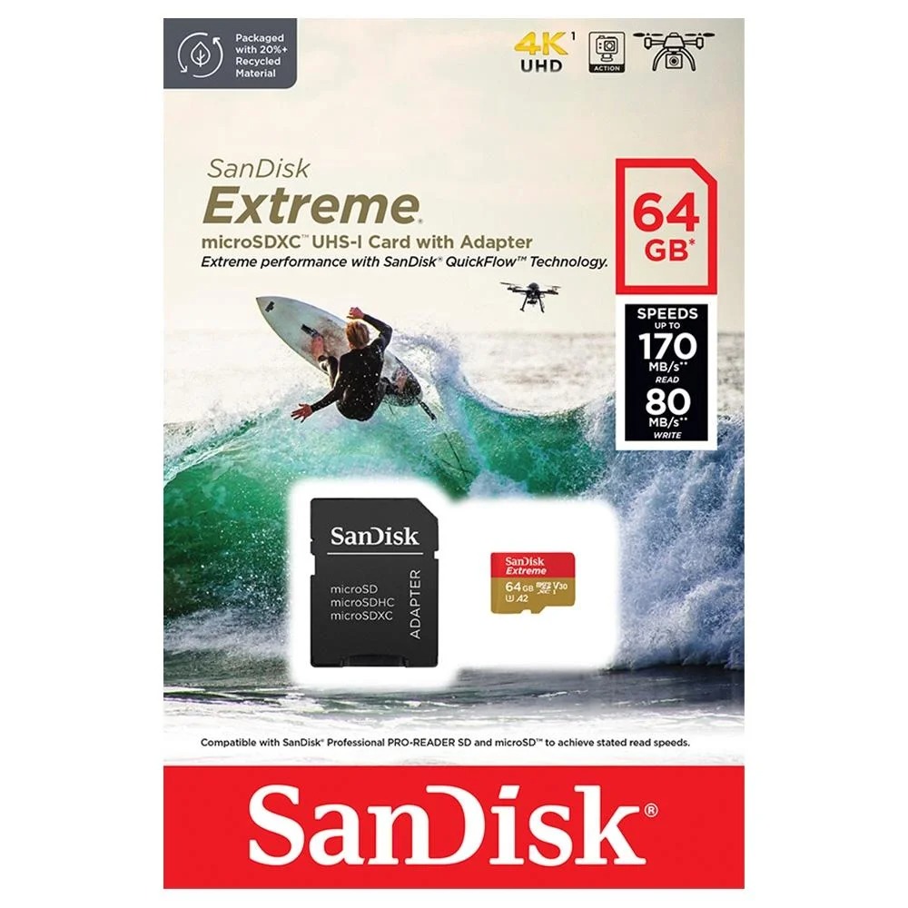 Cartão 64GB Micro SDXC Clase 10 Extreme Leitura 170MB/s Escrita 80MB/s - Sandisk