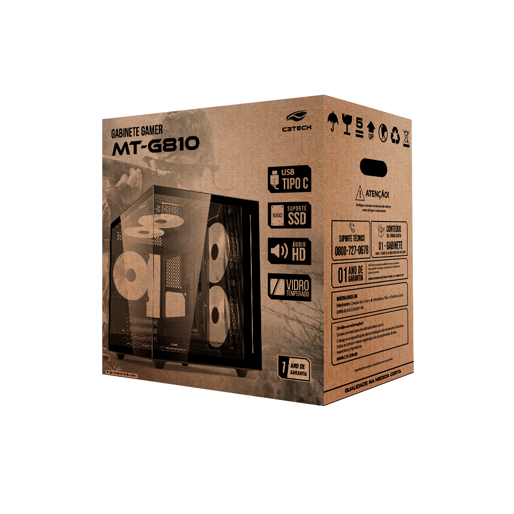 Gabinete Gamer C3 Tech Aquarius MT-G810BK, Mid-Tower, sem Fans sem Fonte Preto