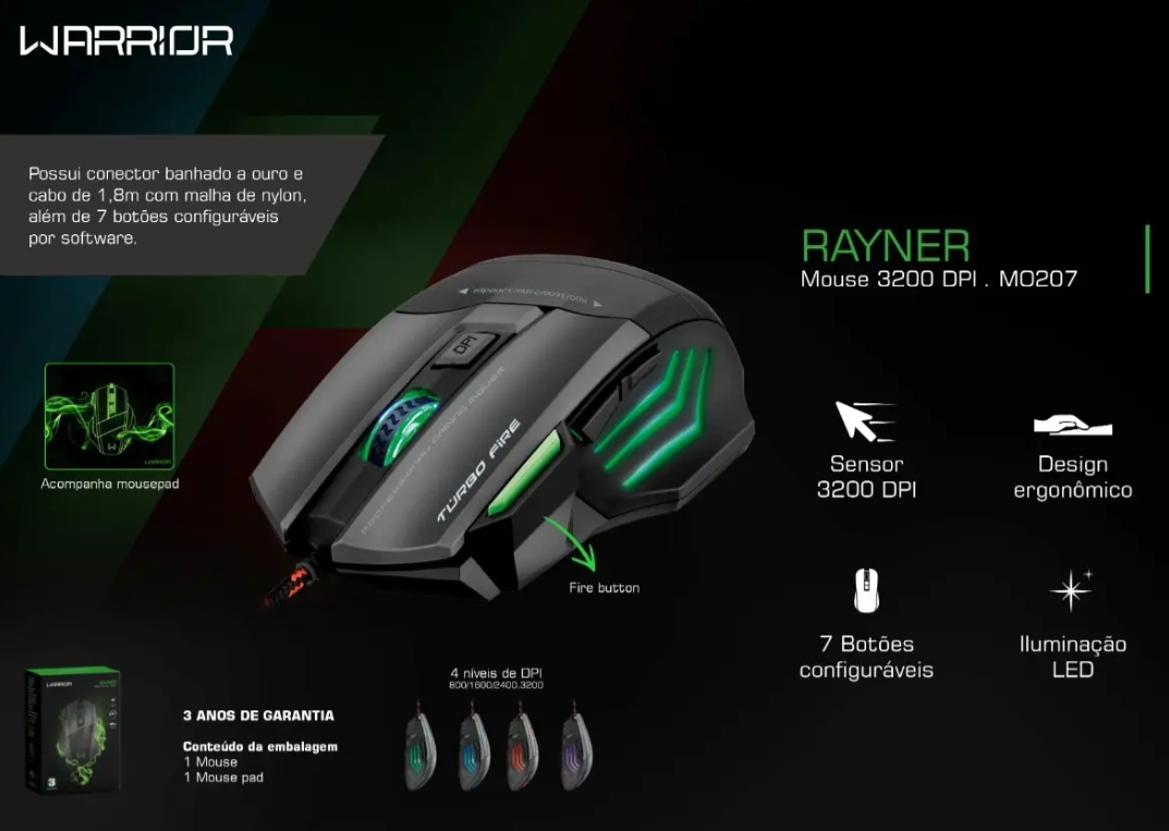 Mouse Profissional USB Gamer Pro 7 Botoes Multilaser - Warrior