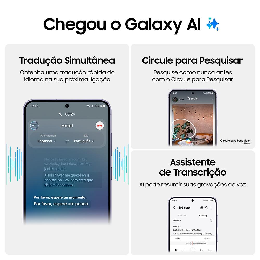 Smartphone Samsung Galaxy S24 5G, Galaxy AI, Tela de 6.2" 1-120HZ, 256GB, 8GB de RAM, Violeta