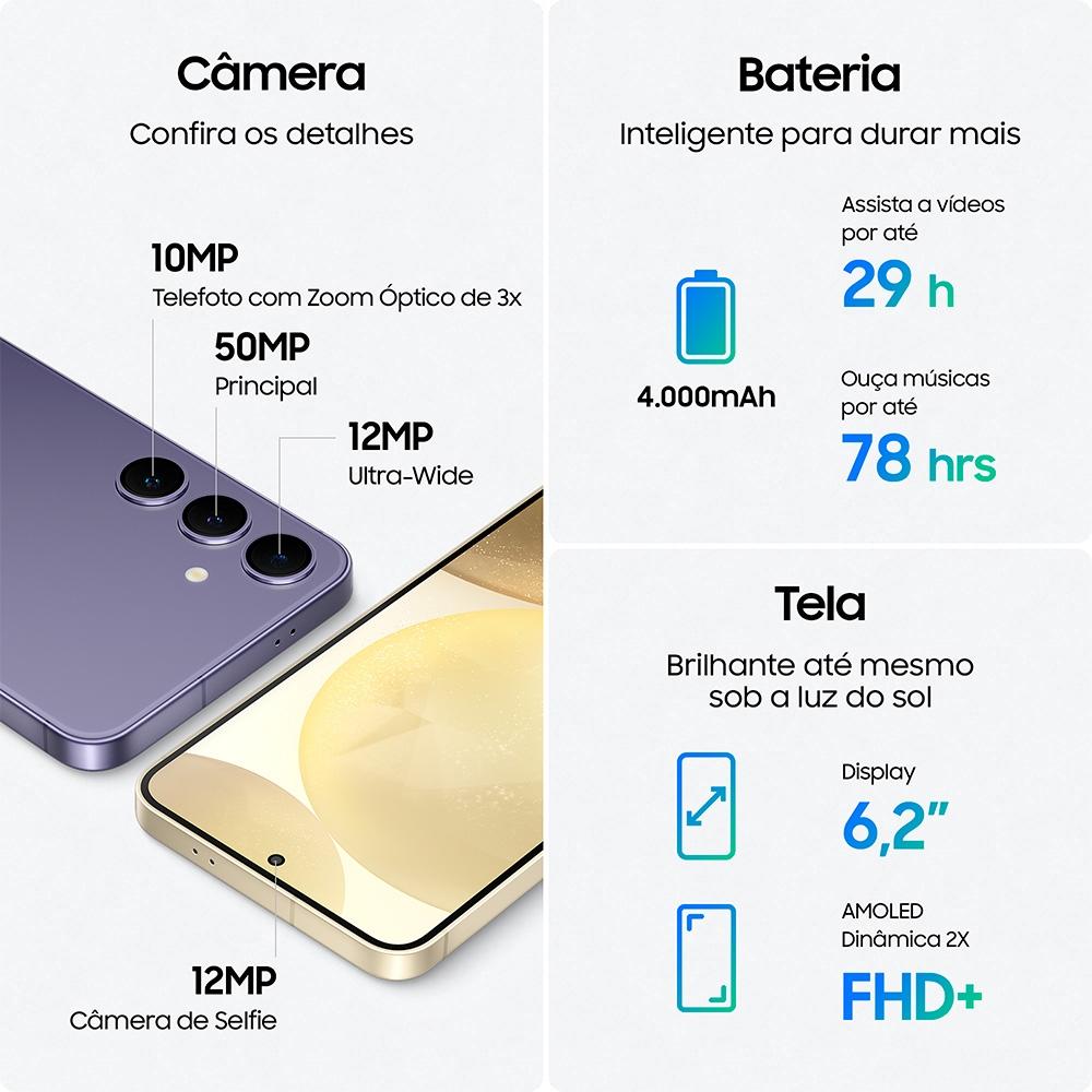 Smartphone Samsung Galaxy S24 5G, Galaxy AI, Tela de 6.2" 1-120HZ, 256GB, 8GB de RAM, Violeta