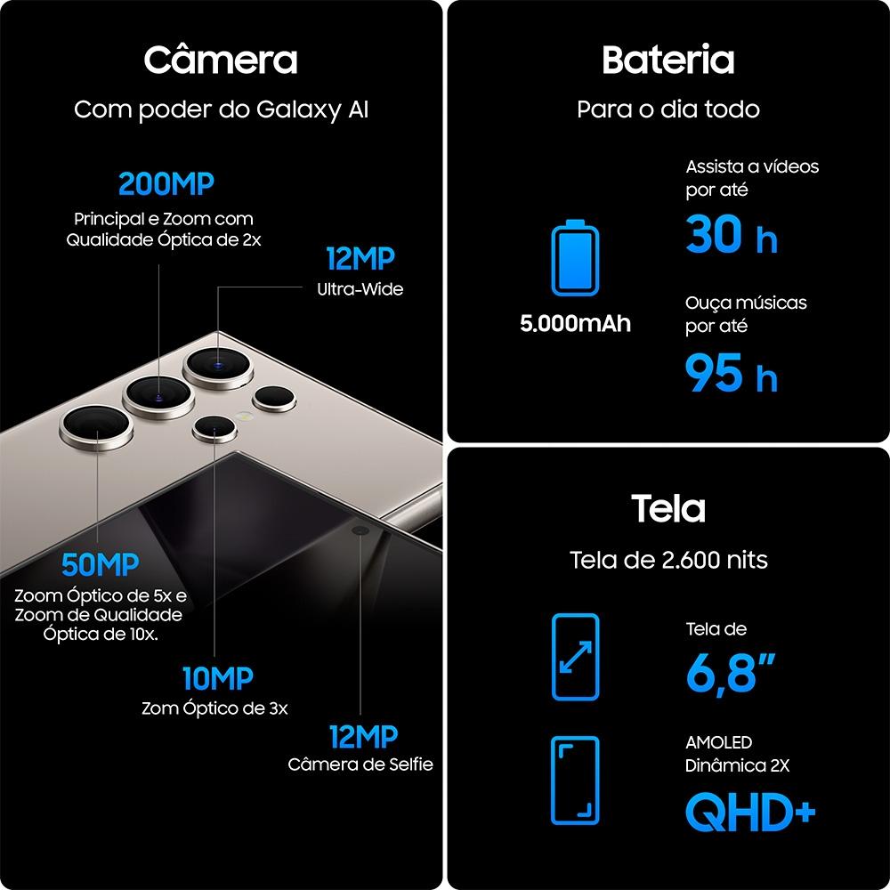 Smartphone Samsung Galaxy S24 5G Ultra, Galaxy AI, Tela de 6.8" 1-120HZ, 512GB, 12GB, Titânio Preto