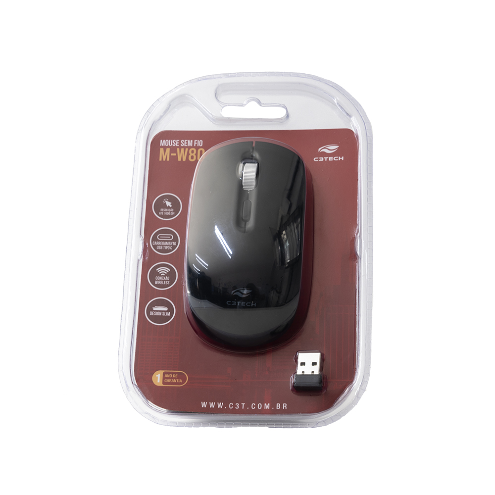 Mouse sem Fio Recarregável M-W80BK Preto C3Tech