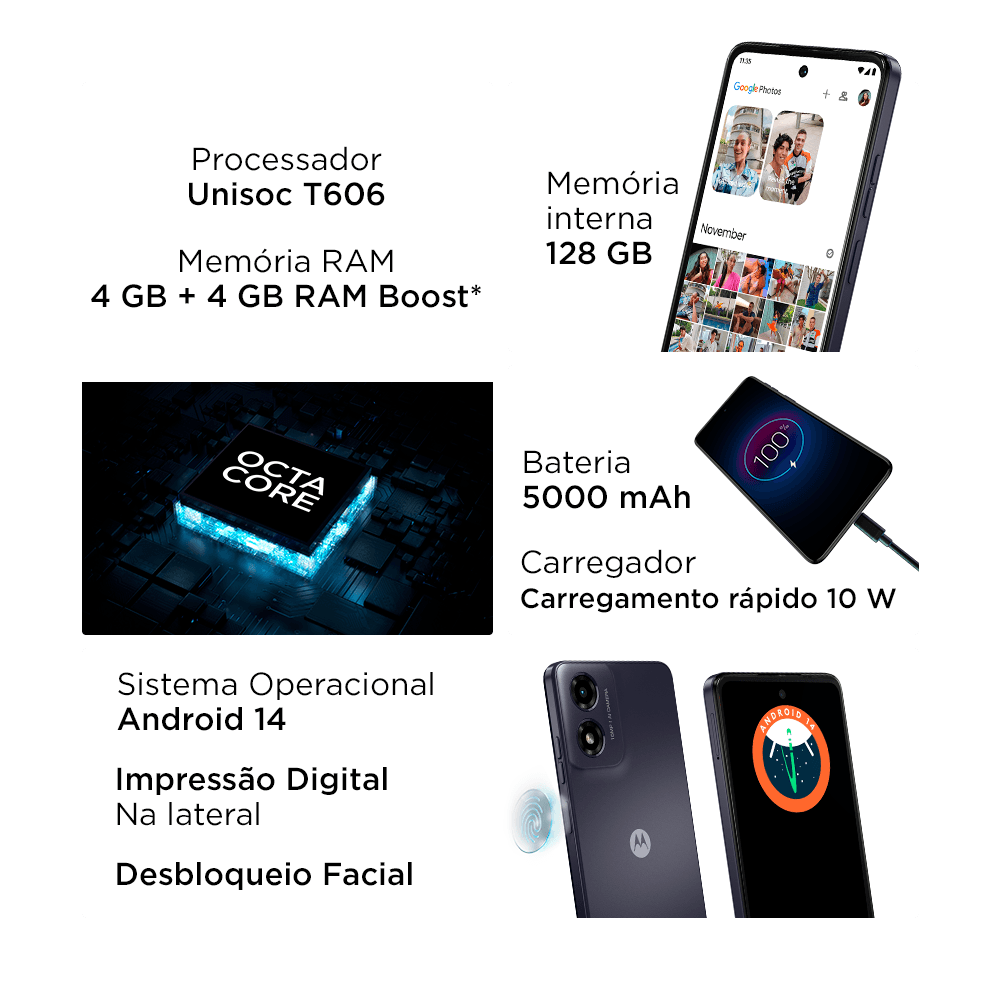 Smartphone Motorola Moto G04 4G, 128GB, 4GB RAM, Tela de 6,6", Grafite