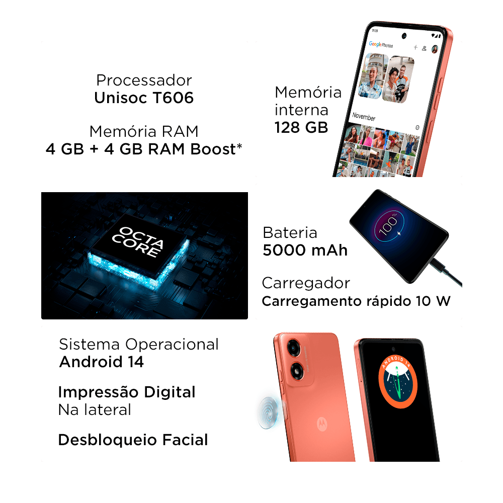 Smartphone Motorola Moto G04 4G, 128GB, 4GB RAM, Tela de 6,6", Coral
