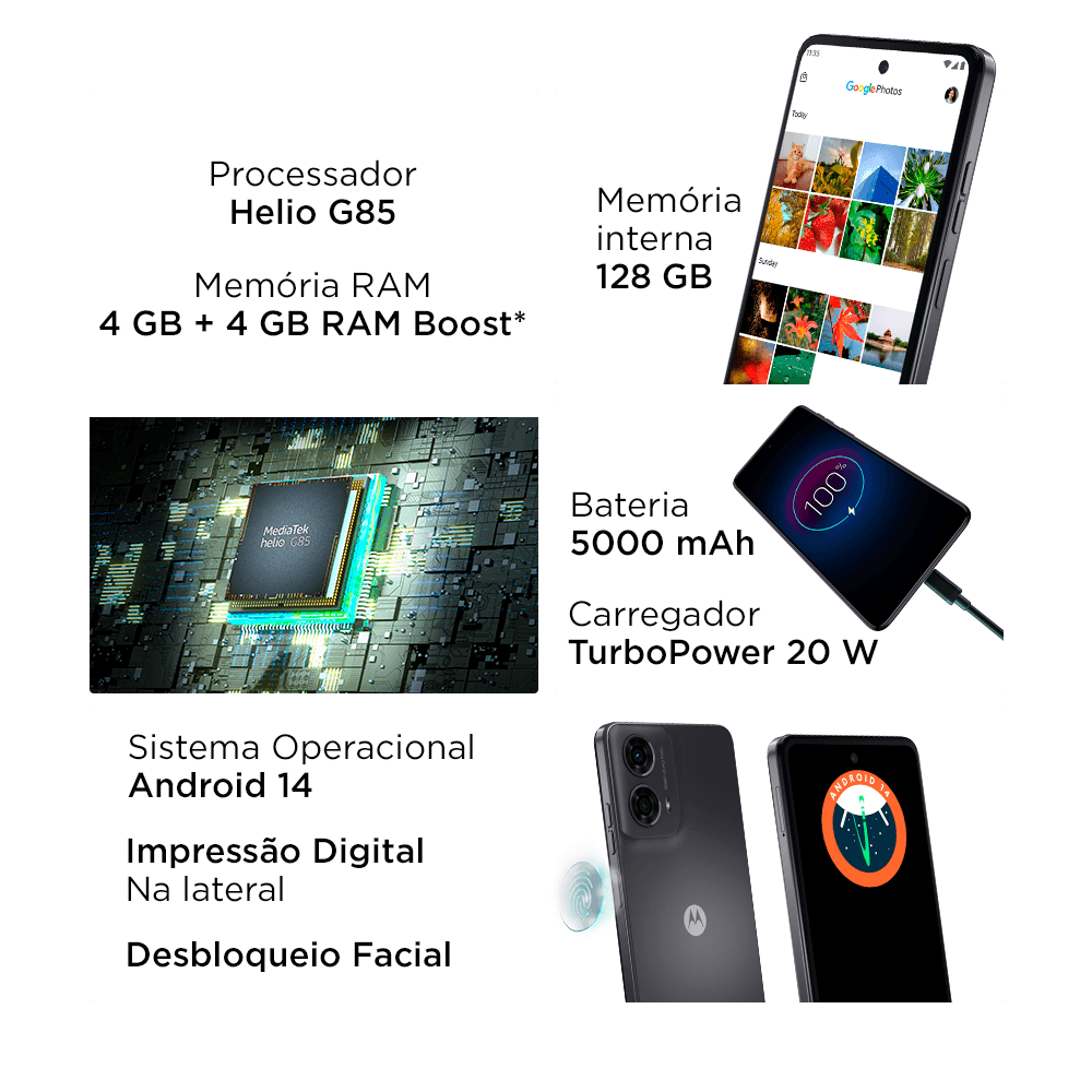 Smartphone Motorola Moto G24 4G, 128GB, 4GB RAM, Tela de 6,6", Grafite