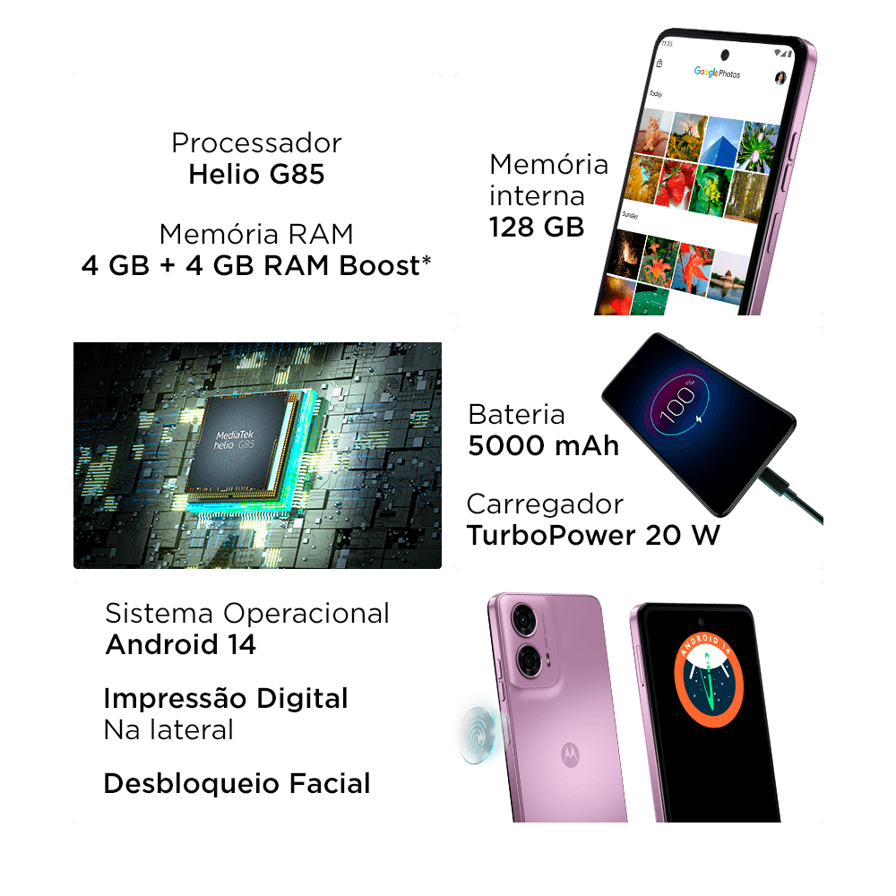 Smartphone Motorola Moto G24 4G, 128GB, 4GB RAM, Tela de 6,6", Rosa
