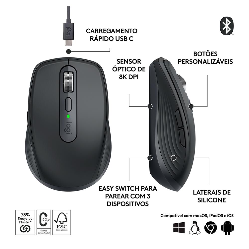 Mouse sem Fio Logitech Mx Anywhere 3S, Bluetooth, Clique Silencioso, Recarregável,grafite-910-006932