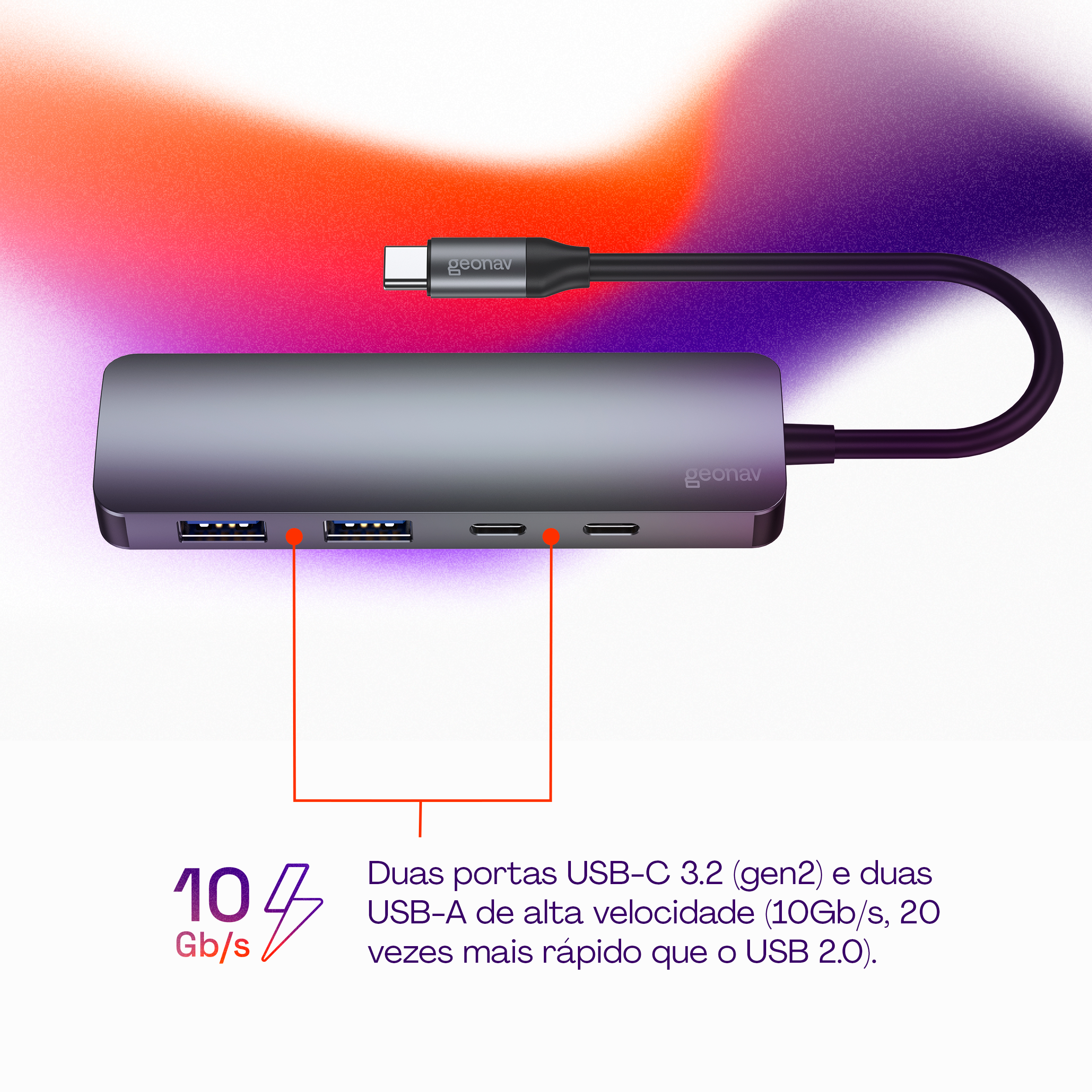 Hub Geonav Tipo C 4 em 1 com 2x USB 3.0, 2x USB Tipo C PD - UCA12
