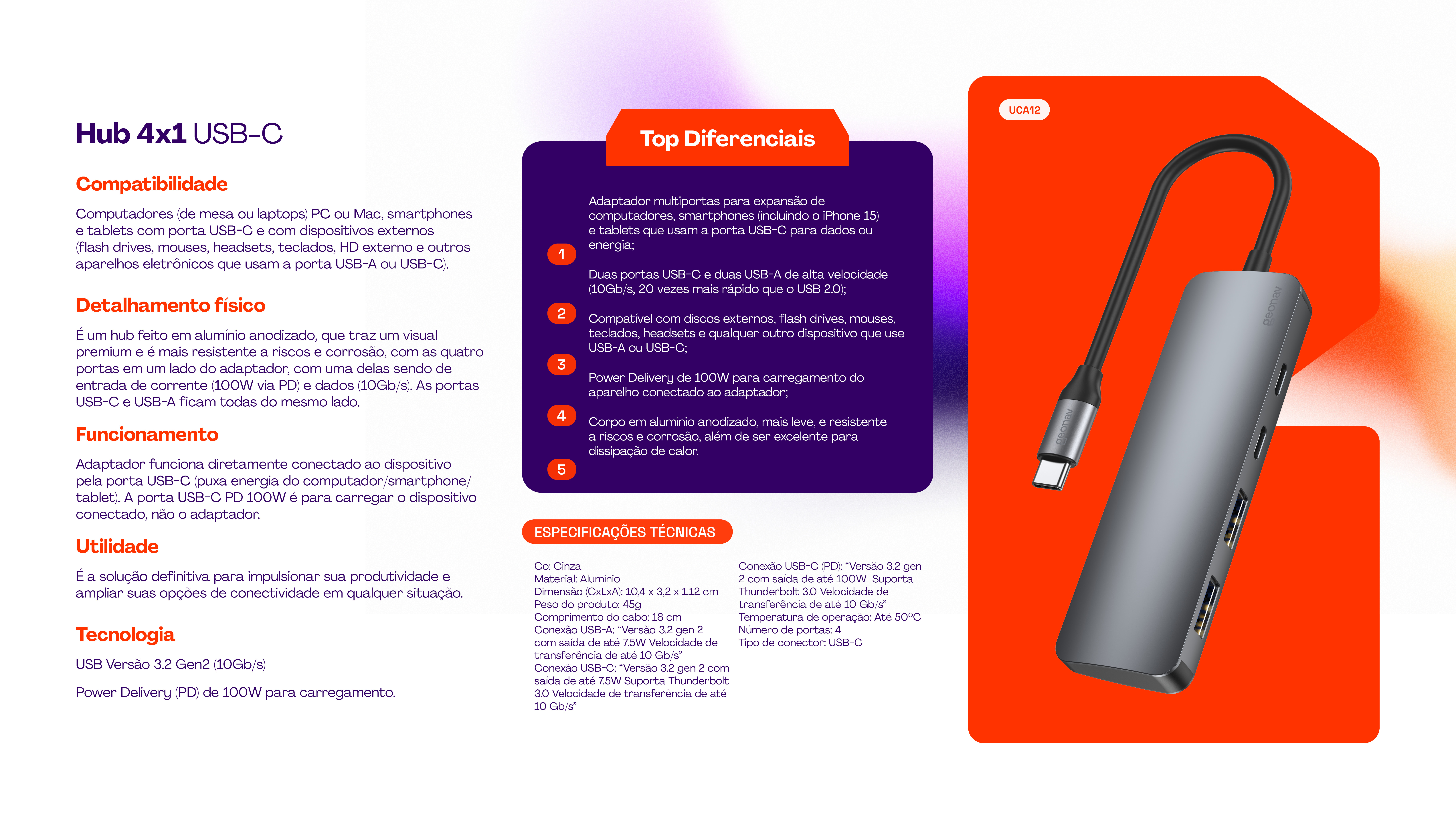 Hub Geonav Tipo C 4 em 1 com 2x USB 3.0, 2x USB Tipo C PD - UCA12