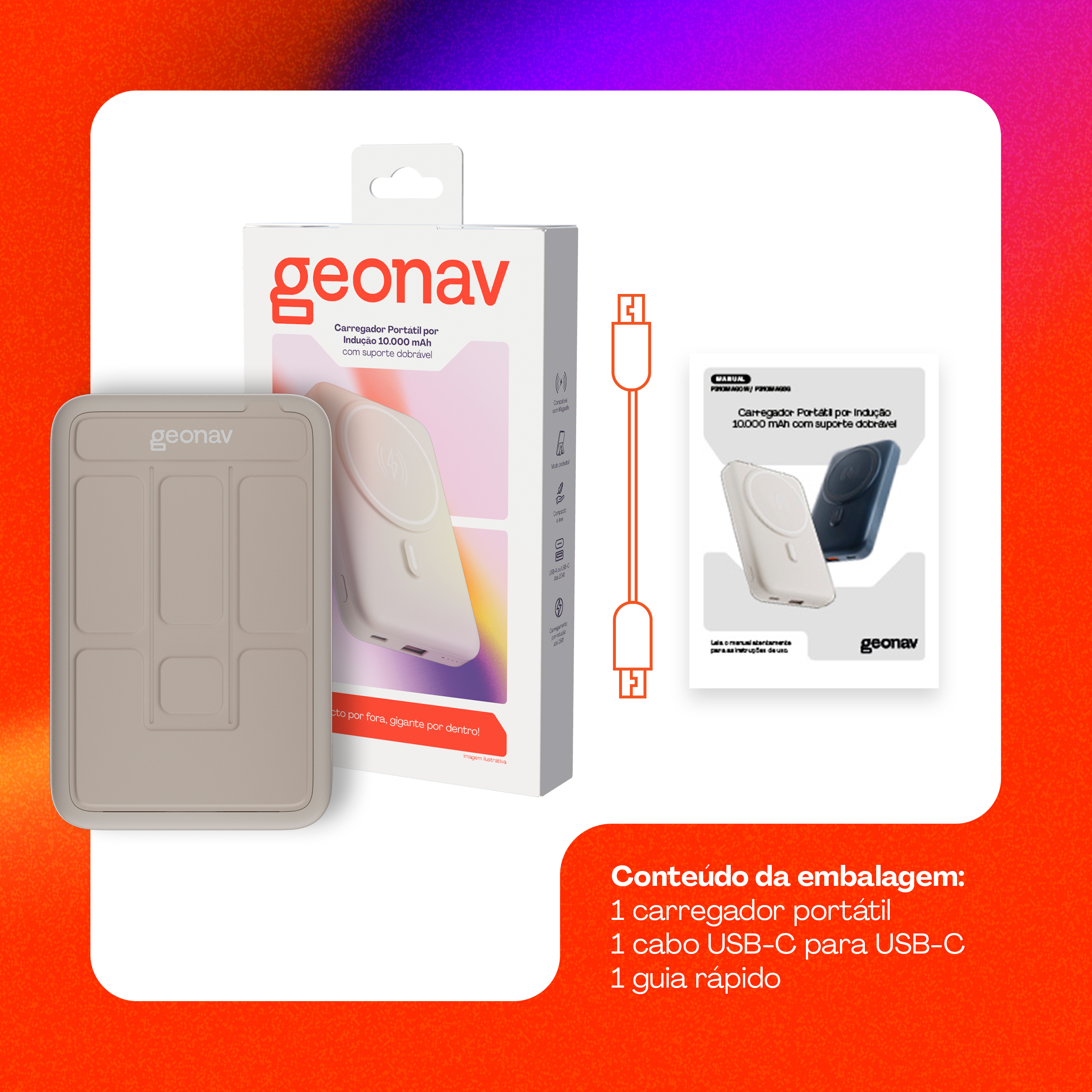 Carregador Universal Portátil Geonav 10.000mAh com Suporte Dobrável - PB10MAGOW