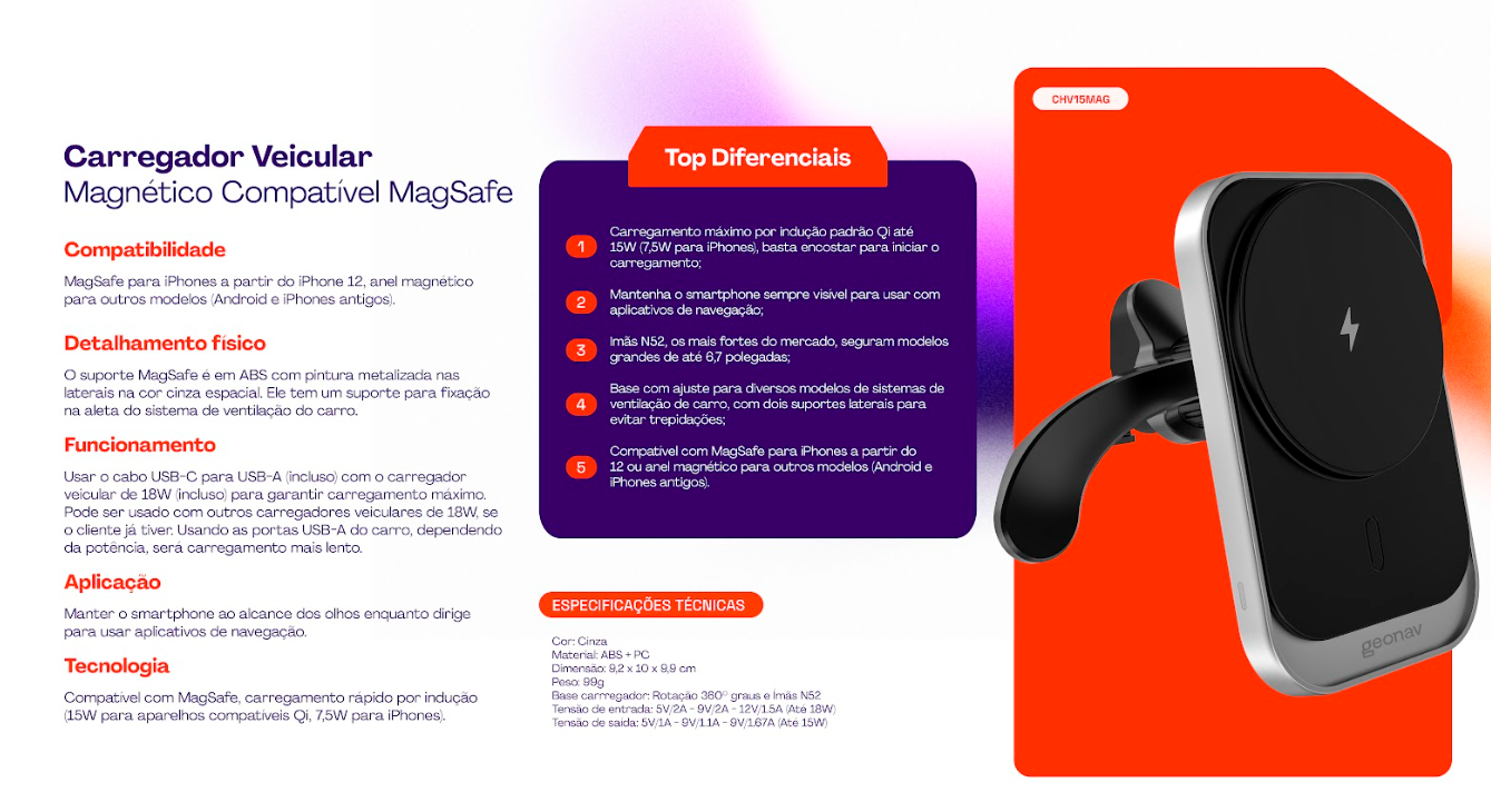 Suporte Veicular Geonav com Carregador Magnético Compatível Magsafe - CHV15MAG