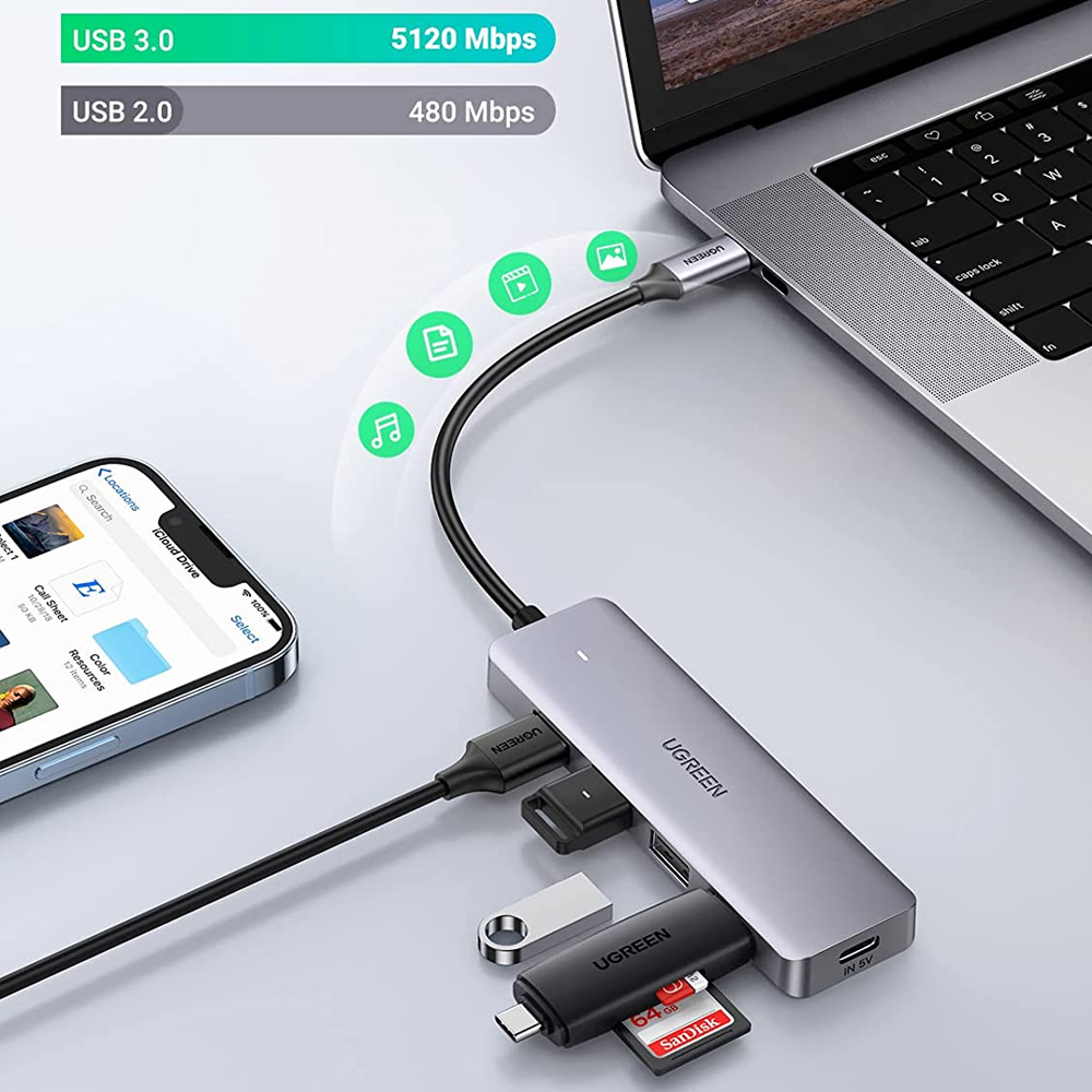 Hub 5 em 1 UGREEN 4x USB 3.0 + Power Supply USB-C
