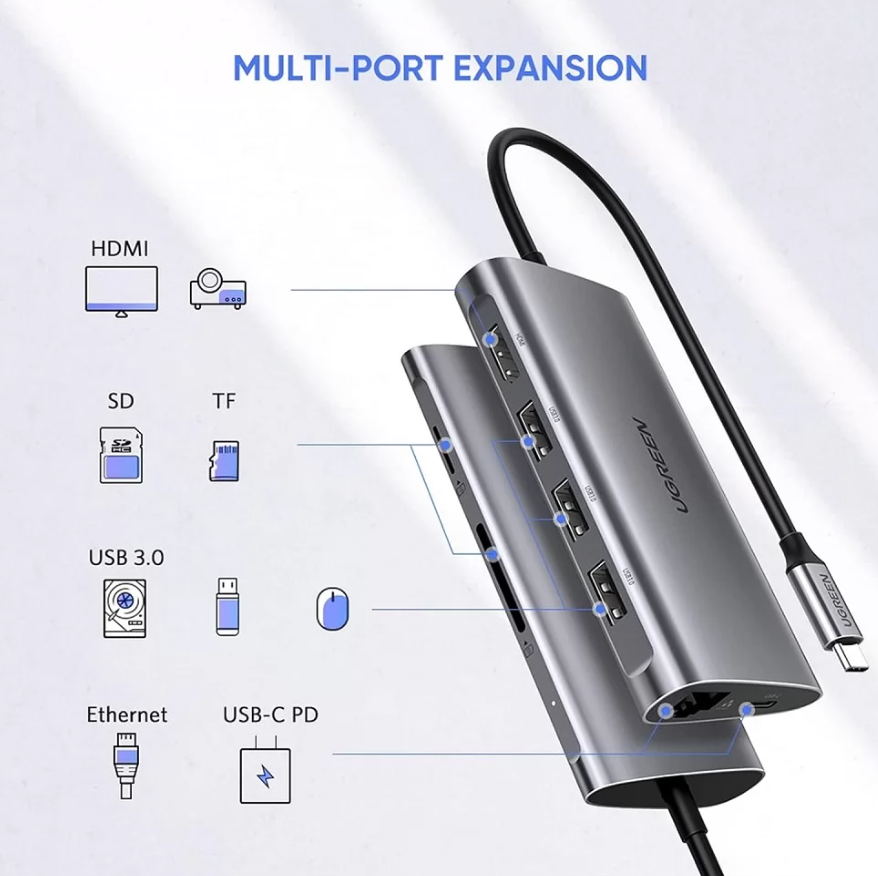 Hub Tipo C UGREEN 8 em 1, 3x USB 3.0, HDMI, SD, TF, RJ45, Tipo C PD – UG-50538